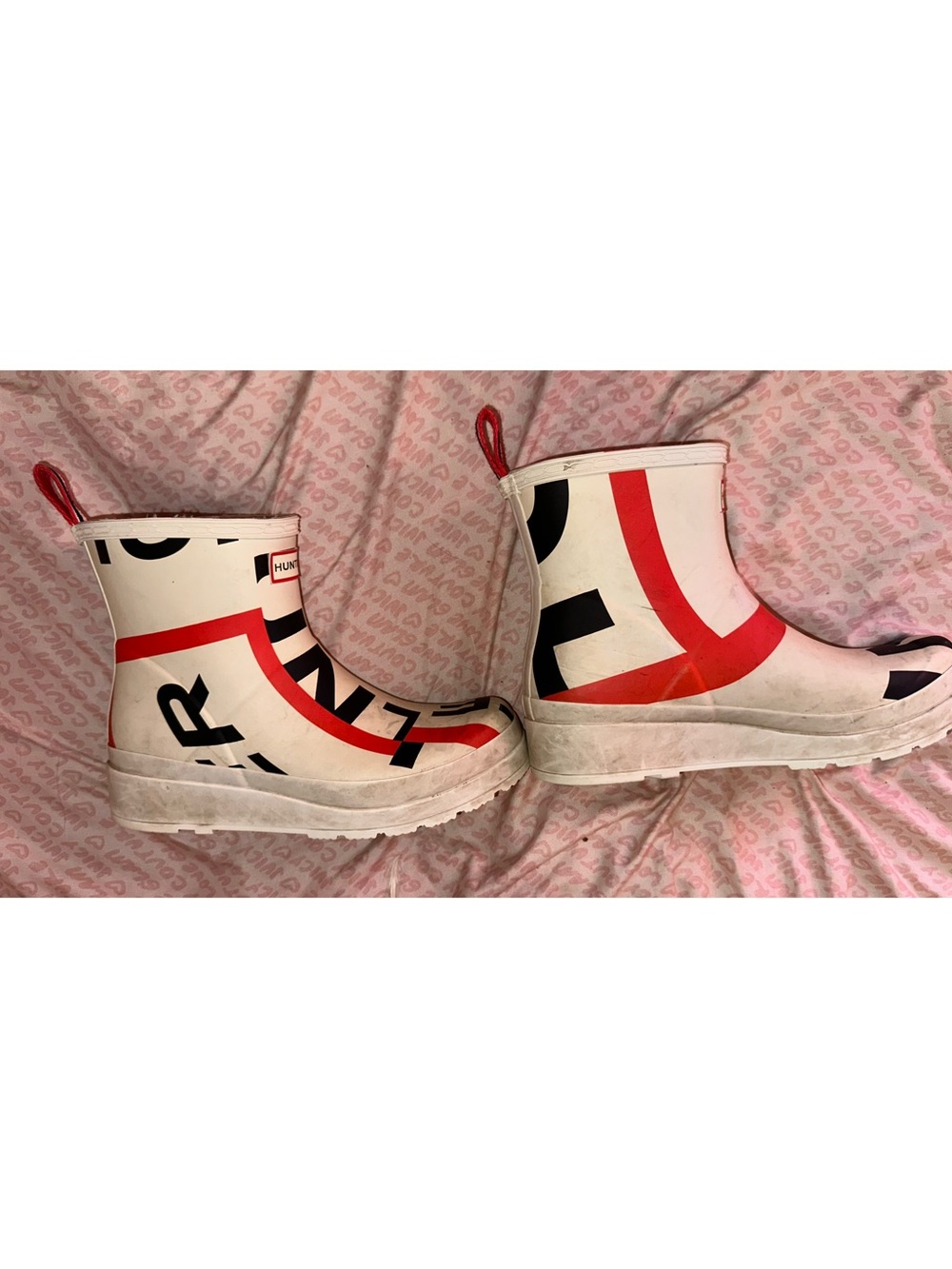 Sz 8.5 Hunter Original Play Exploded Logo Short Rain Boots - White/Red/Black